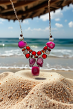 Fuchsia & Fire Statement Necklace Set – Agate, Red Crystal, and Pearl Accents