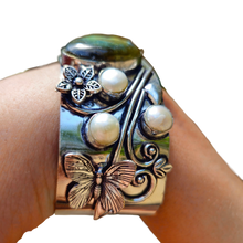 Load image into Gallery viewer, Labradorite &amp; Pearl Butterfly Cuff Bracelet