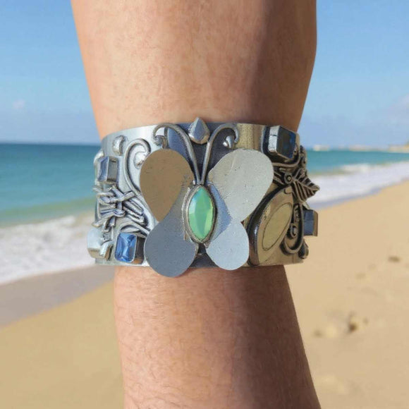 Butterfly Silver Cuff Bracelet with Green & Blue Gem Accents