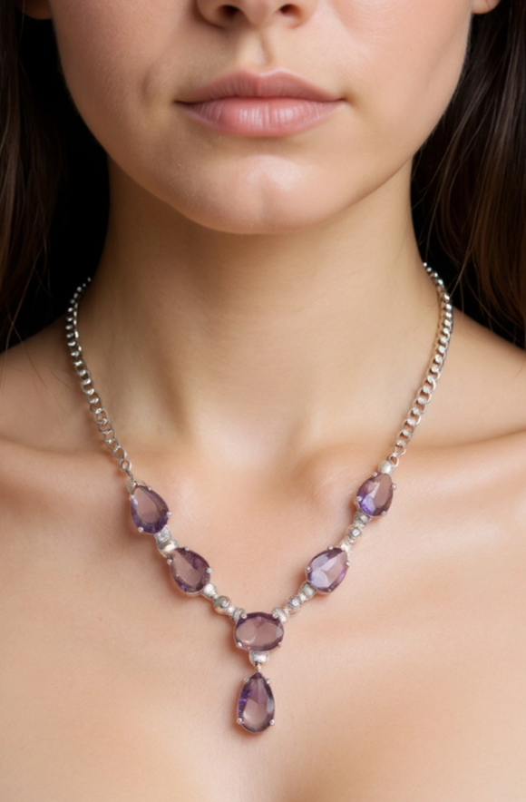 Amethyst Teardrop & Crystal Necklace
