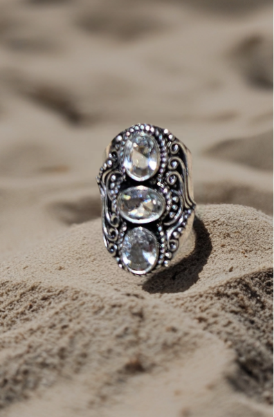 Triple White Topaz Vintage .925 Silver Encased Ring