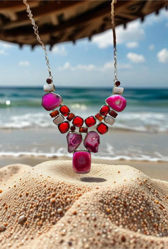 Fuchsia & Fire Statement Necklace Set – Agate, Red Crystal, and Pearl Accents