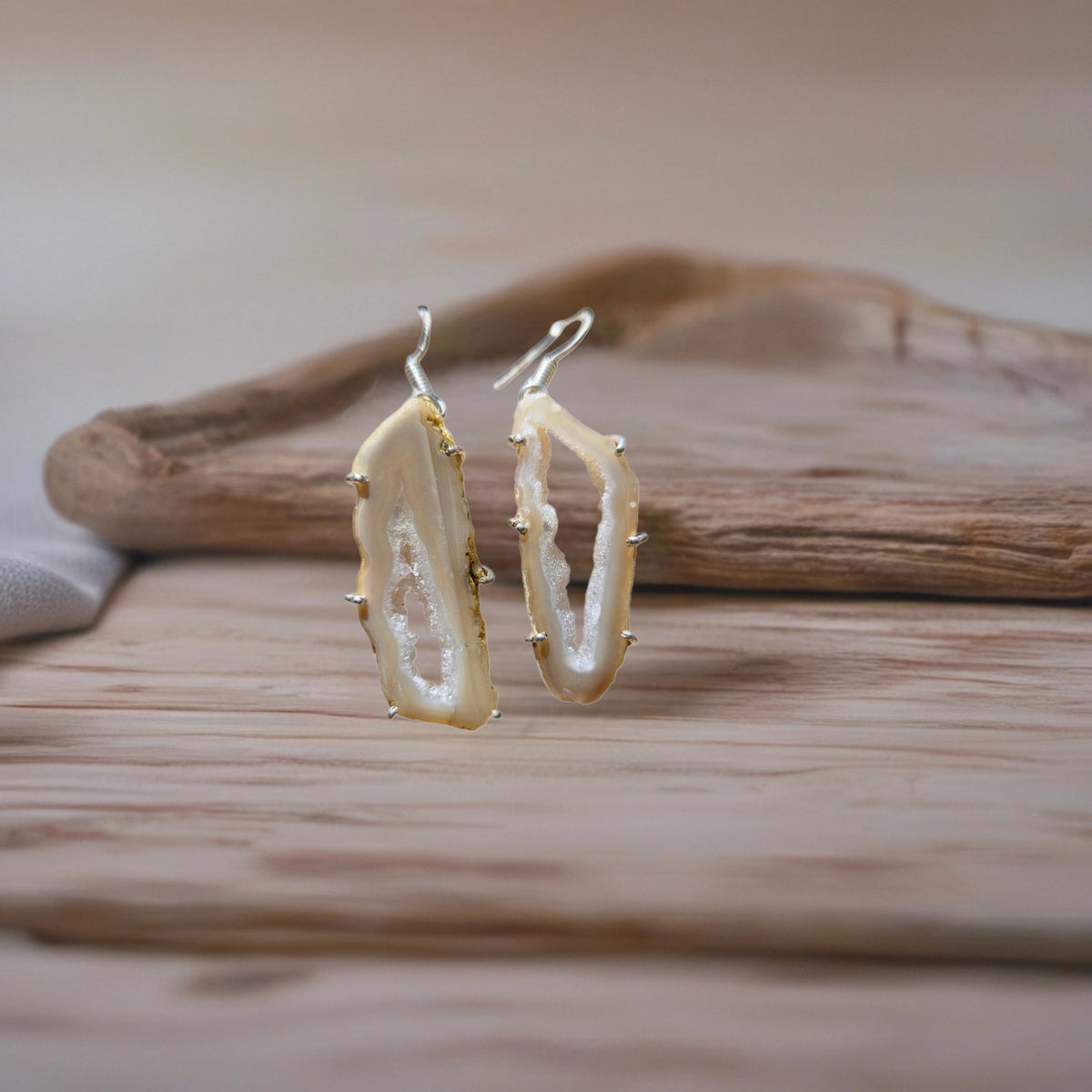 Beige Agate Geode Slice Earrings