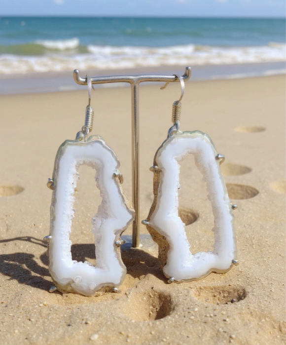 Greyish Off-White Agate Geode Slice Dangle Earrings
