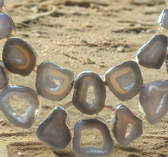 Varying Shades of Grey Agate Geode Slice Statement Necklace