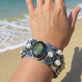Labradorite & Pearl Butterfly Cuff Bracelet