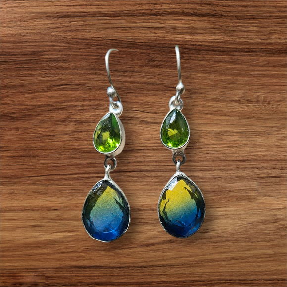 Peridot & Blue Ombre Crystal Drop Earrings