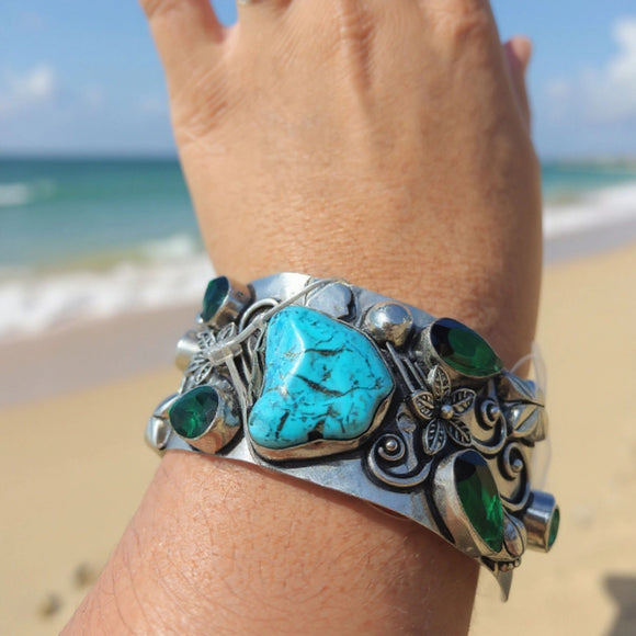 Silver Turquoise & Green Gemstone Statement Cuff Bracelet