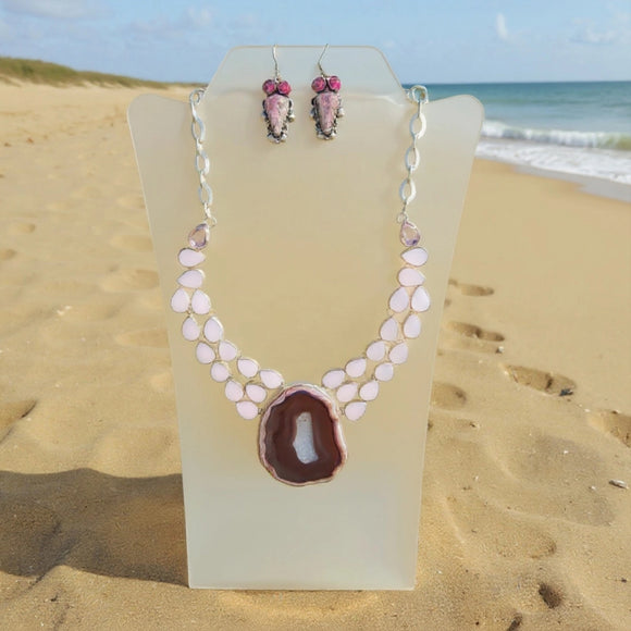 Pink Agate Slice Necklace & Matching Earrings