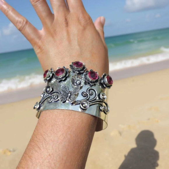 Floral & Butterfly Silver Cuff Bracelet with Pink Gem Accents