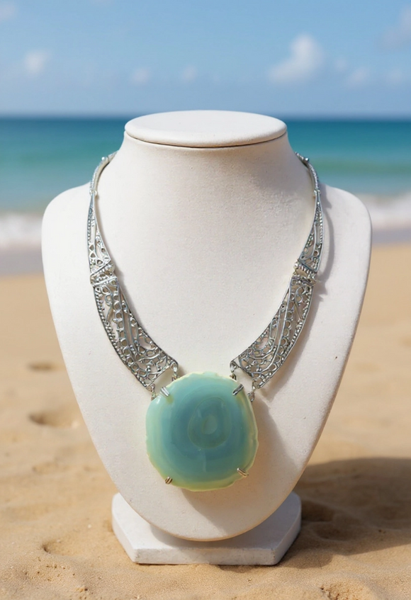 Ocean Mist Agate Slice Necklace – Silver Filigree Statement Piece