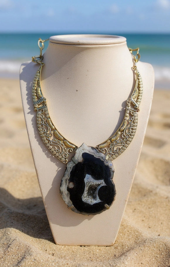Bold Black Agate Geode Statement Necklace